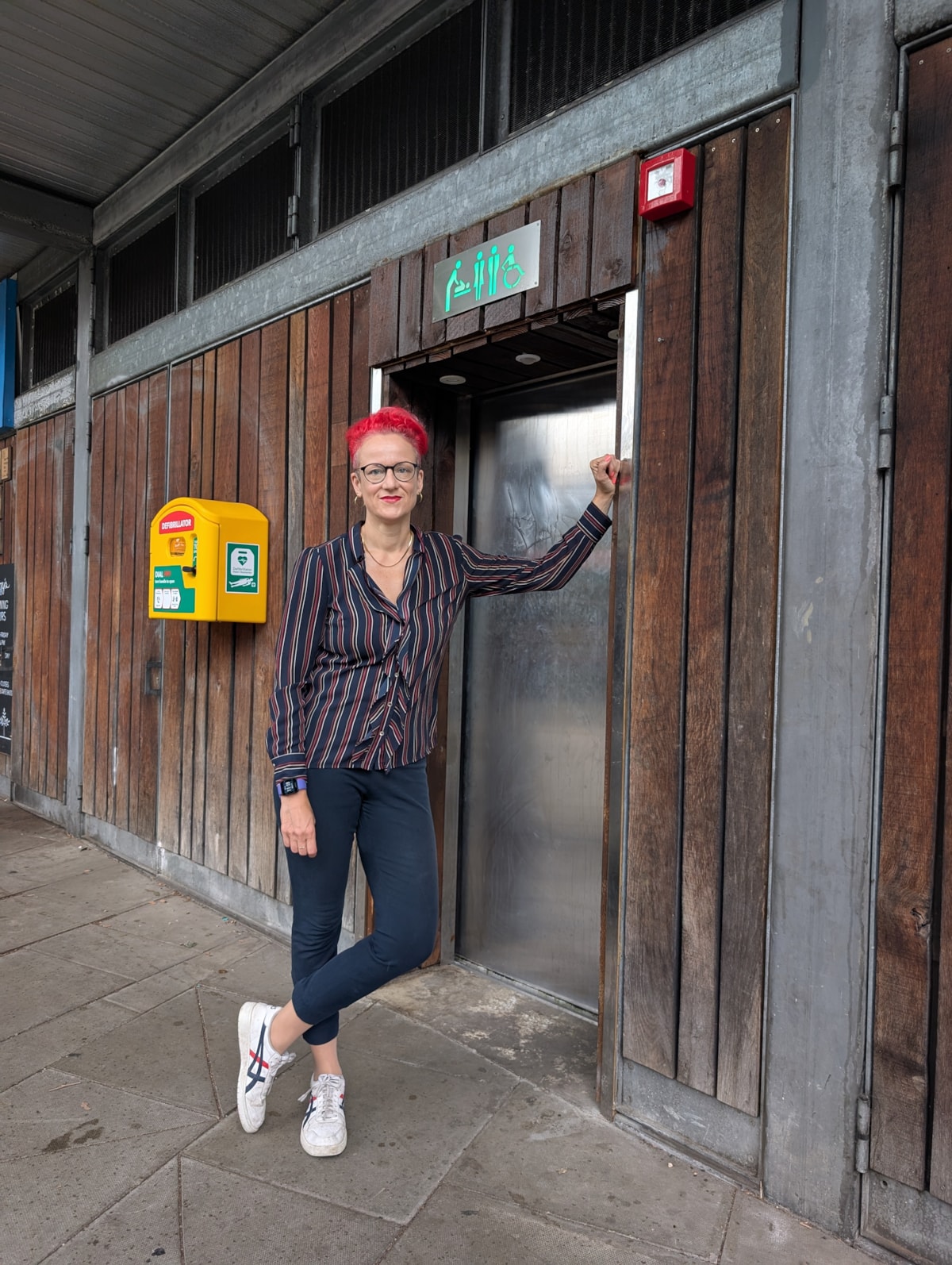 Councillor Sheila Chapman outside the new automated toilet in Newington Green