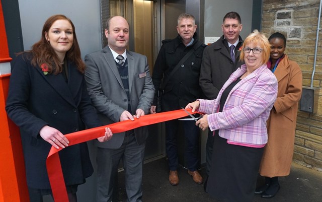 Bingley Access for All opening 2: Cllr Val Slater, Executive Member for Housing, Planning and Transport at City of Bradford Metropolitan District Council, cuts the ribbon and officially opens the new lifts at Bingley station.