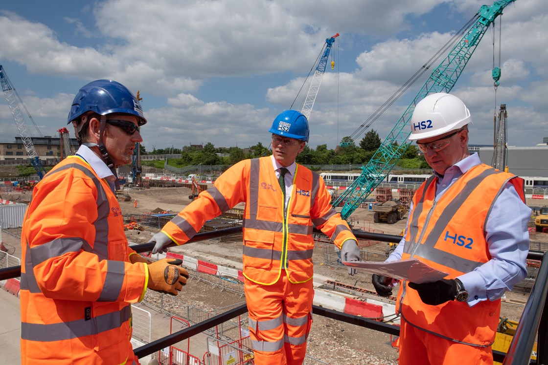 Old Oak Common station start of permanent construction works: Transport Secretary Grant Shapps meets Mark Thurston and Matthew Botelle before signaling the start of main construction work on HS2's Old Oak Common station