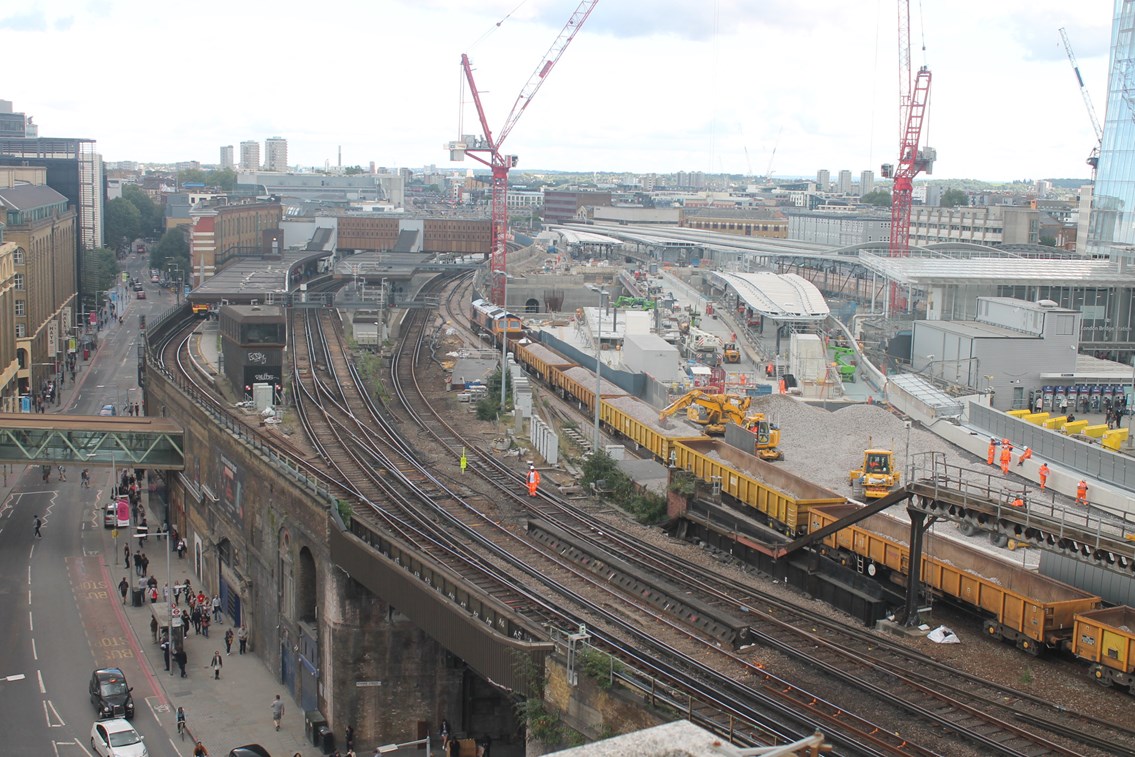 The very first ballast is delivered and laid on the approach to the new Borough Market viaduct: The first ballast is delivered and laid on the approach to the new Borough Market viaduct this Saturday (September 12). London Bridge platforms 6,7, 8 and 9 grow in the background