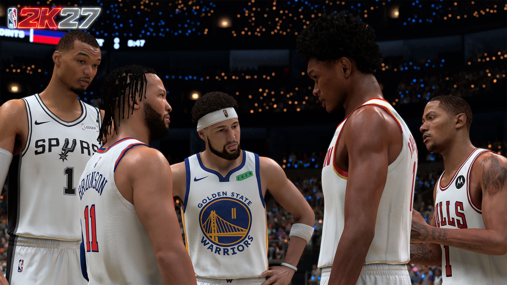 NBA 2K27 gameplay screenshot showing a pregame huddle with players wearing Spurs, Knicks, Warriors, Hawks and Bulls jerseys