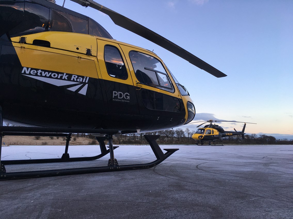 Network Rail Air Operations Helicopters on frosty morning January 2021