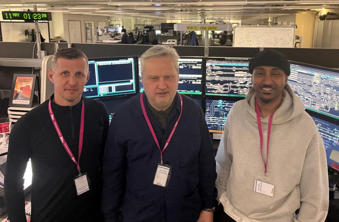 Siemens Mobility engineers Stuart Finniear, Roberto Stone and Bhav Poonja at Three Bridges control