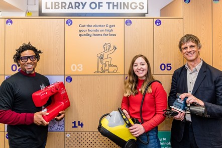The inside of Islington's Library of Things store: From left to right: Diye Wariebi (CEO of the Bright Sparks Reuse Project), Emma Shaw (Co-Founder of Library of Things), Matthew Homer (Islington Council’s Waste Strategy Manager)