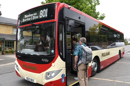 Passengers board a Pulham & Sons bus in the Cotswolds. Pulhams, a long established bus and coach operator in Gloucestershire, Oxfordshire and Warwickshire, has been bought by The Go-Ahead Group.