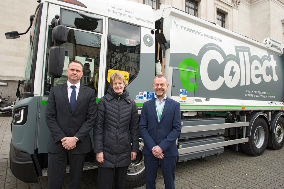 Tony Ralph, Director of Public Realm (pictured left), Cllr Rowena Champion, Executive Member for Environment and Transport (centre), and Keith Townsend, Corporate Director for Environment and Regeneration (right) pose with the vehicle