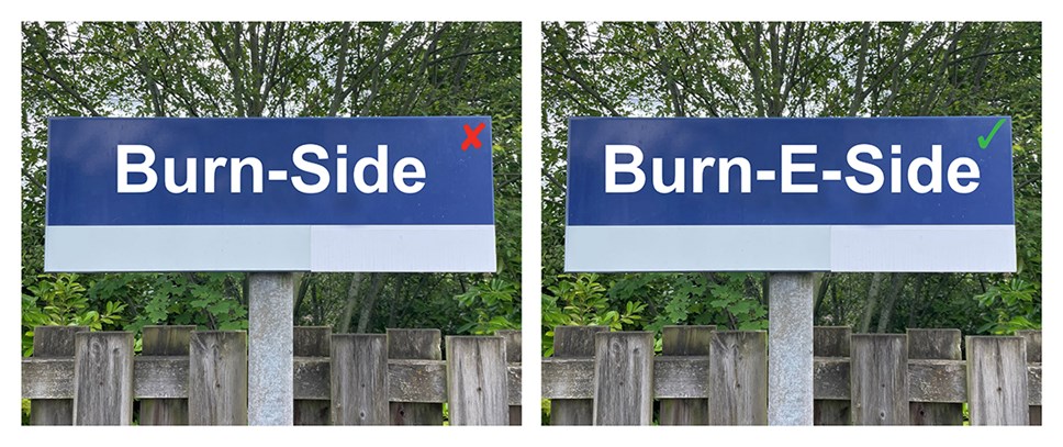 Image shows Burneside station sign mock-up