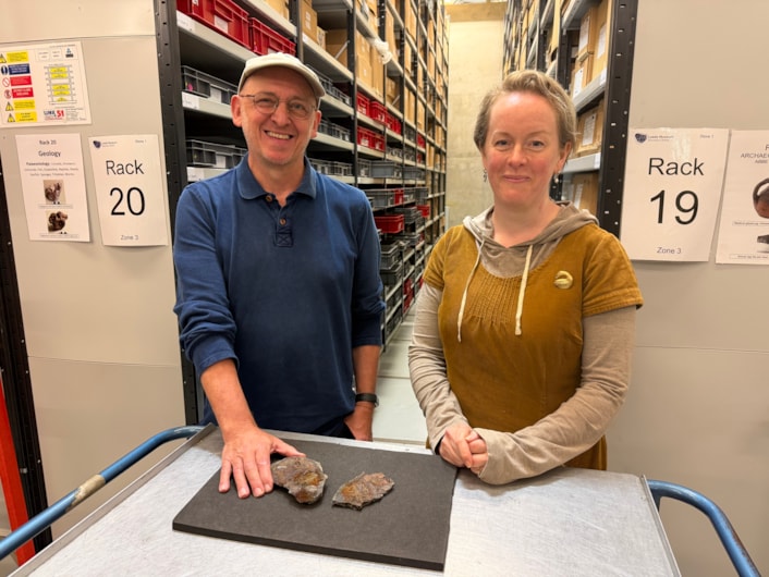 Coelacanth discovery: Geologist Ru Smith, left, with Curator Clare Brown and the skull bone of a coelacanth found by Ru at Roundhay Park earlier this year.
The well-preserved, prehistoric skull bone was frozen in time aeons ago during an era when the park was submerged under a vast tropical lagoon.