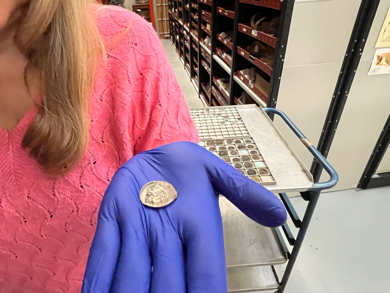 Ancient coin: The ancient coin came from what was once a Carthaginian settlement on the Spanish coast.
On one side it bears the face of the god Melqart, resembling the Greek hero Herakles and wearing his famed lionskin headdress. At that time, some Phoenician coins carried Greek imagery to make them more appealing to traders.