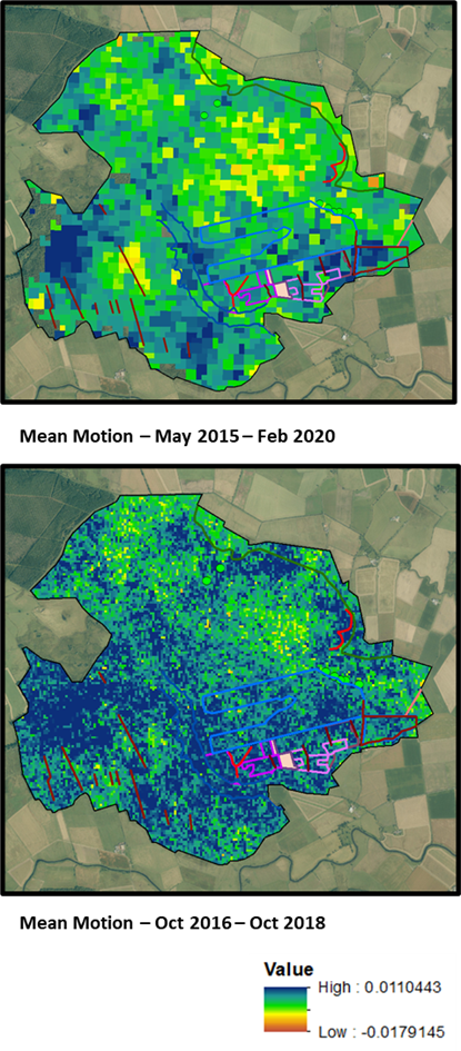 Long term trends in peat surface motion at Flanders Moss NNR. Top image showing 5 years of data at 80m pixel resolution. Bottom showing 2 years of data at 20m pixel resolution. Lines show restoration activities. ©Nottingham University. Contains NatureScot data and basemap data from ©Getmapping Plc Contains OS data ©Crown copyright and database right (2020)