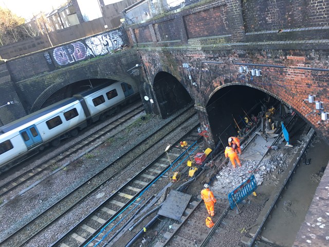 Slab track renewal taking place at Kentish Town, Camden, on 28 December 2017, taken from the viewing platform