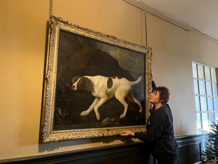 Pet portrait: Visitor assistant Deborah Crossley with the beautiful oil painting of Lord Clermont’s faithful canine companion, which has gone on display to visitors for the first time in a number of years, following a loan spell at Wentworth Woodhouse in Rotherham.

Painted by celebrated artist George Stubbs in 1772, the portrait of Phillis was commissioned by her owner William Henry Fortescue, Lord Clermont, a keen sportsman who kept a sizeable kennel, but who was known to be particularly fond of Phillis.