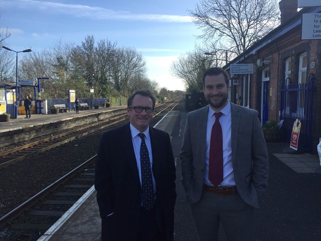 MP Chris White with Network Rail senior sponsor Simon Clifford at Warwick station: Chris White, MP for Warwick and Leamington, with Network Rail senior sponsor Simon Clifford at Warwick station