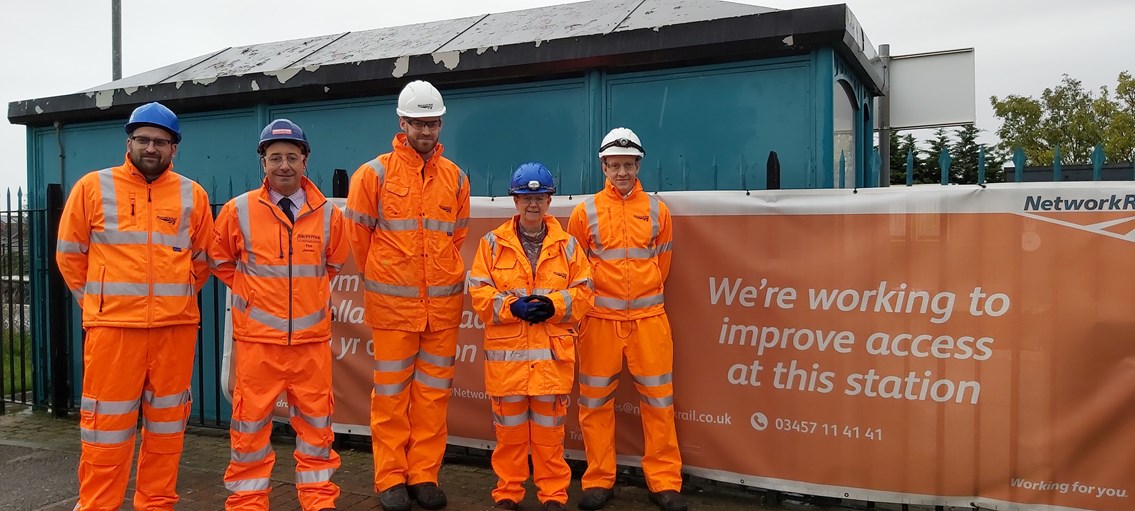 Cadoxton AFA AM visit banner: L to R: Sam Hadley (Senior Public Affairs Manager, Network Rail), Tim James (Client Relationship Director, Alun Griffiths), Rhys Howells (Scheme Project Manager, Network Rail), Jane Hutt AM (Vale of Glamorgan) and Adrian Scourfield (Project Engineer, Network Rail).