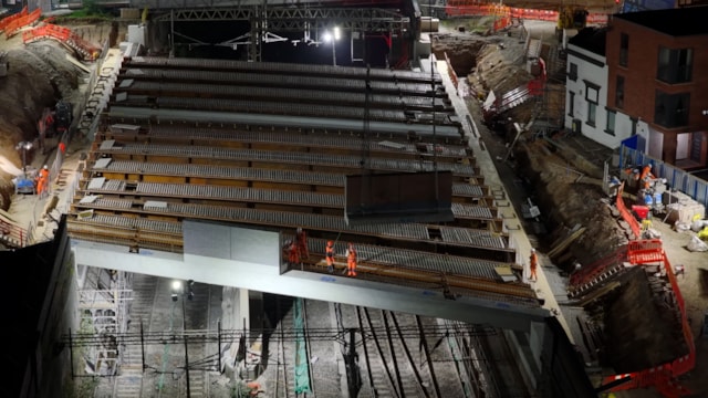 Night shot of pre-made bridge parapet panels being craned in at Greek Street August 2025: Night shot of pre-made bridge parapet panels being craned in at Greek Street August 2025