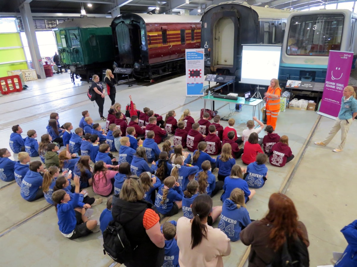 An image of the primary school children at the rail safety event in Shildon