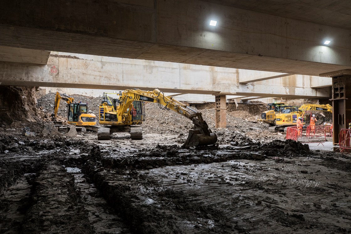 Old Oak Common Station, February 2023: Excavation underway within the Old Oak Common station box.