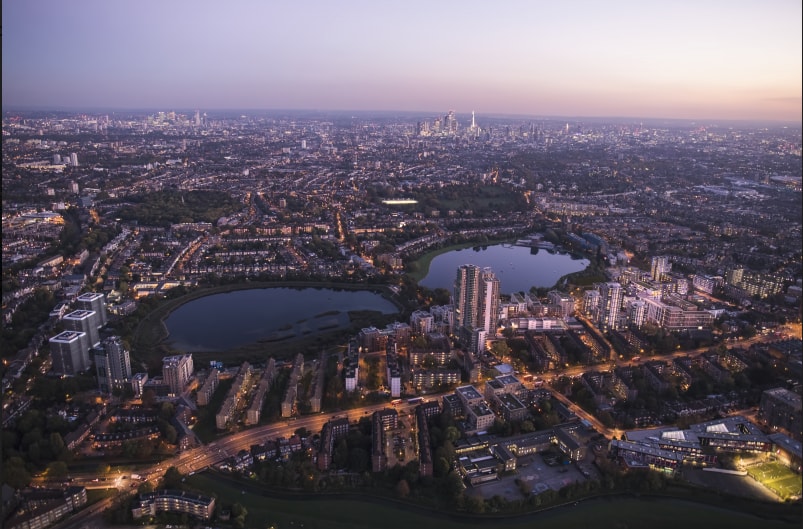 Woodberry Down at twilight.