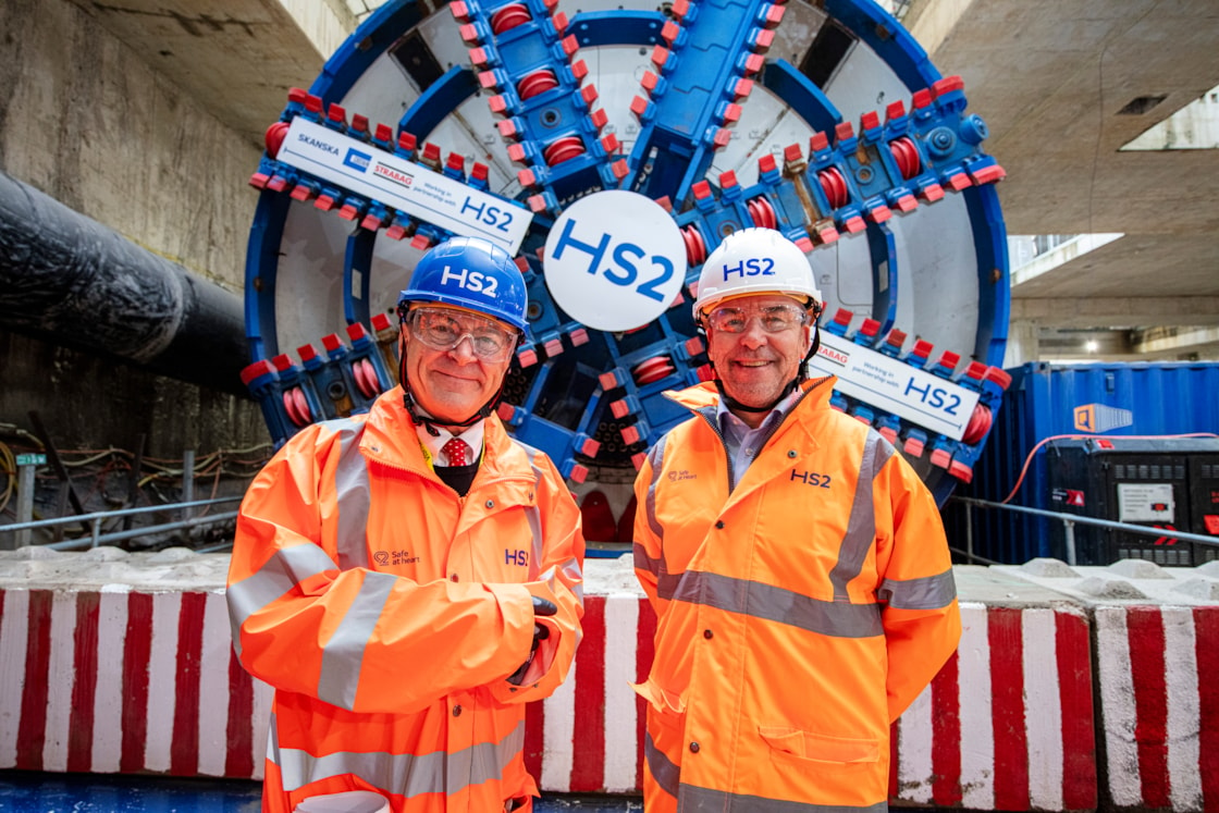 Rail Minister and new CEO at Old Oak Common station box to see the two TBMs preparing to build HS2 to Euston-4: L - Lord Peter Hendy of Richmond Hill, Minister for Rail. R - Mark Wild, HS2 CEO

Monday 2nd December 2024
Old Oak Common station box