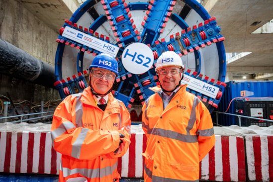 Rail Minister and new CEO at Old Oak Common station box to see the two TBMs preparing to build HS2 to Euston-4: L - Lord Peter Hendy of Richmond Hill, Minister for Rail. R - Mark Wild, HS2 CEO

Monday 2nd December 2024
Old Oak Common station box