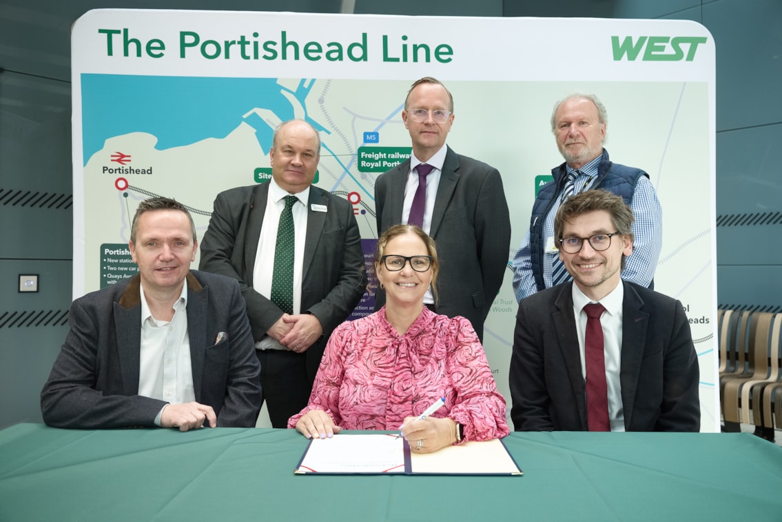 L-R back row Mark Hopwood GWR, Ian Shuffleton Morgan Sindall, Simon Ball Colas Rail, front row L-R Mike Bell North Somerset Council, Helen Godwin Mayor of the West of England, Marcus Jones Network Rail