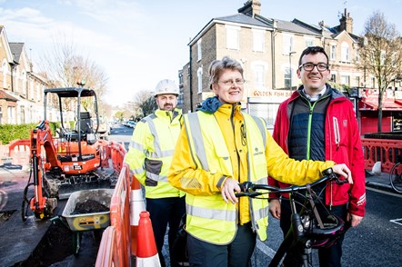 Vince Gannon (pictured left), Will Norman (right) and Cllr Champion (centre) as work starts on the Highbury Fields - Finsbury Park Cycleway