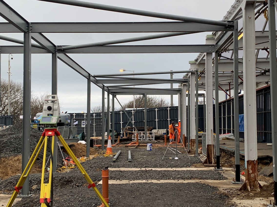 Troon Station - new building steelwork inside: Troon Station - new building steelwork inside