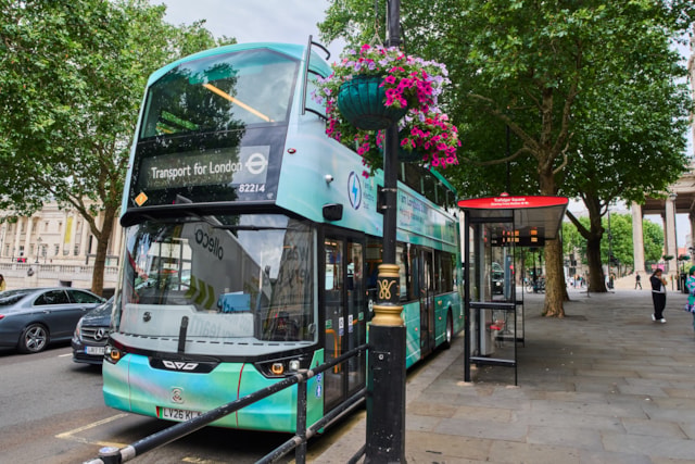 TfL Image - 3000th zero-emission bus alongside a bus shelter at Trafalgar Square