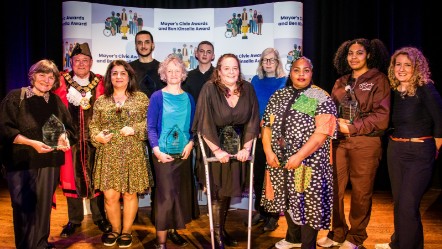 Mayor's Civic and Ben Kinsella Award Winners 2024 - alongside the Mayor of Islington and Sophie Cloutterbuck from London Metropolitan University (LMU)