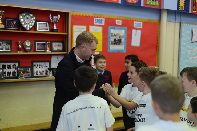 Football star Paul Scholes and Salford City FC help launch new schools rail safety initiative: Paul Scholes launches tackling Track Safety initiative 3