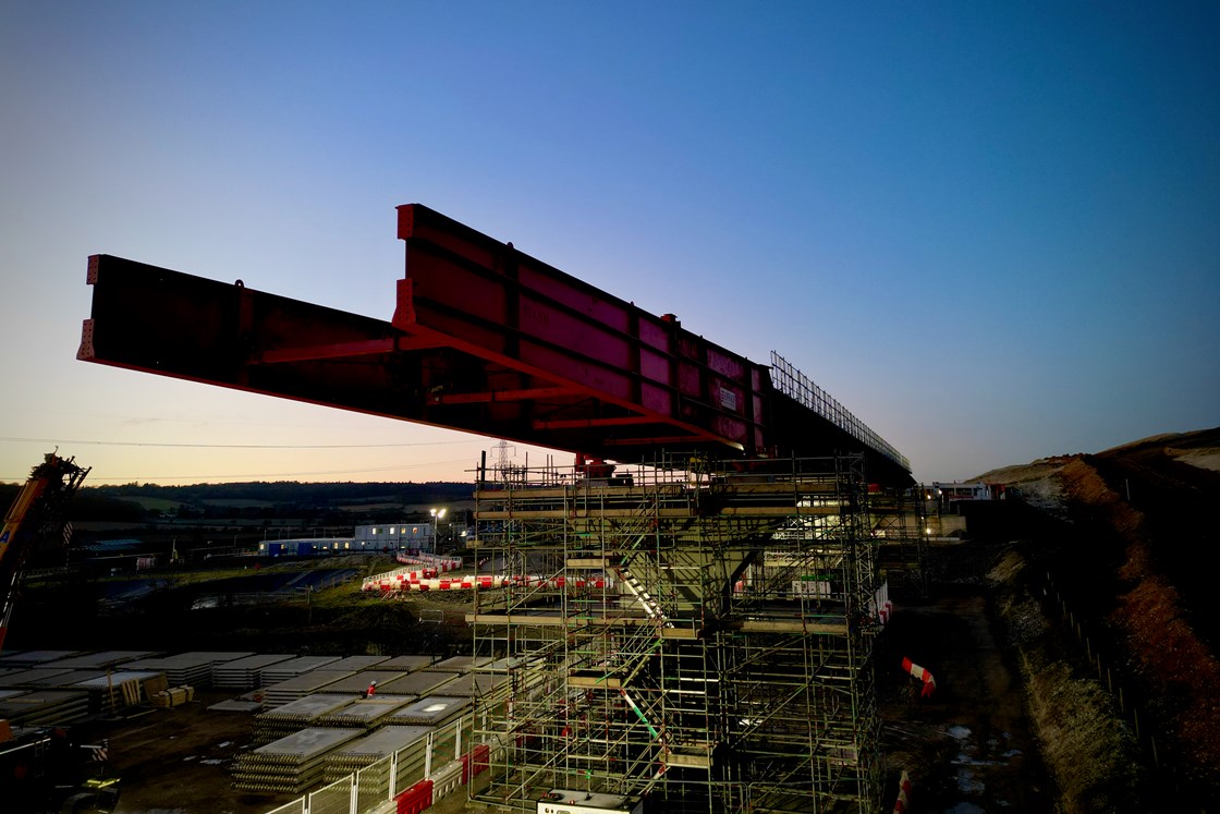 Deck beam at dusk as the first day of the Wendover Dean deck slide came to an end 10.01.24