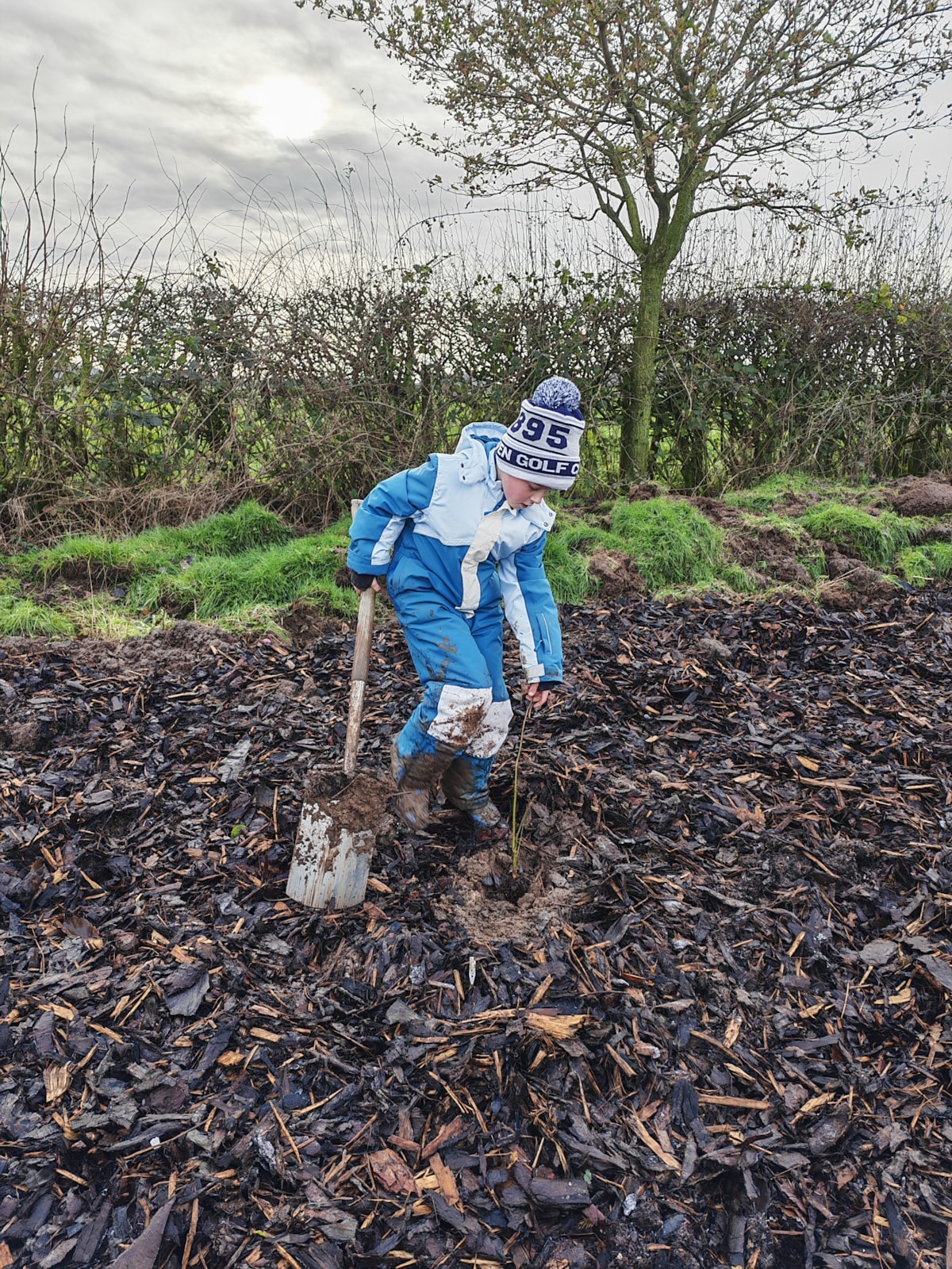 One of the schoolchildren planting a sapling
