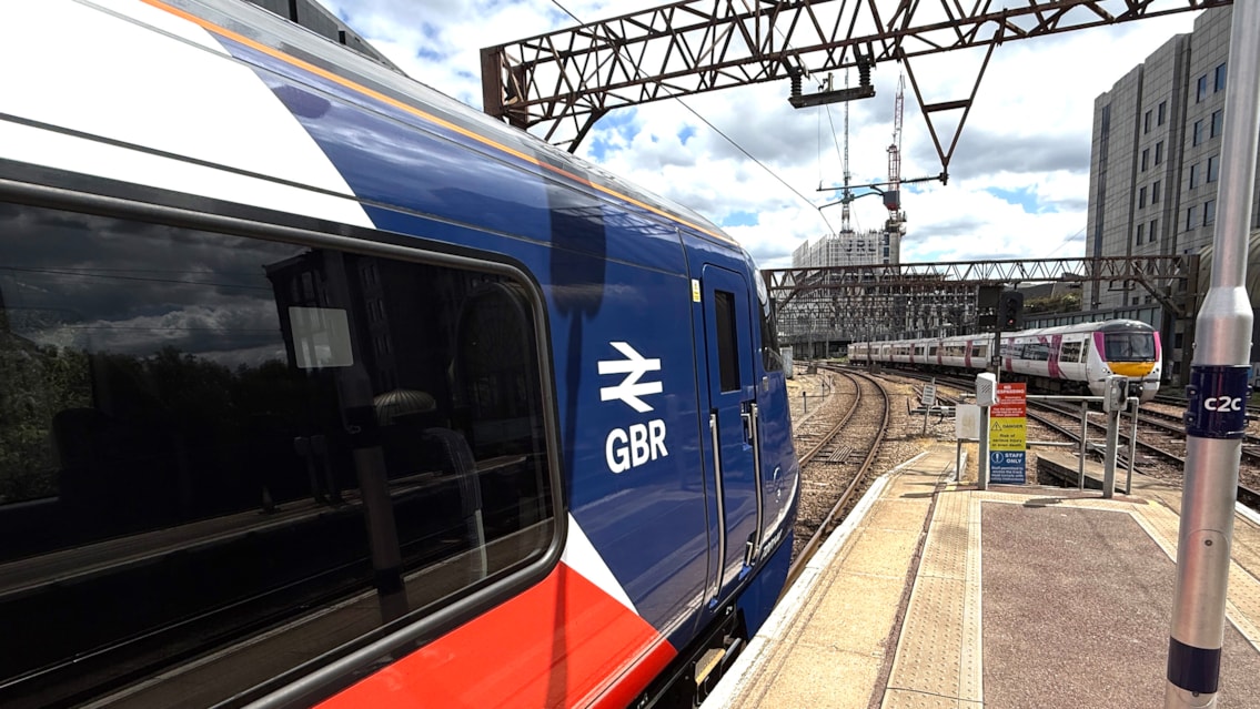 Greater Anglia train equipped with PANDAS-V about to leave Fenchurch Street