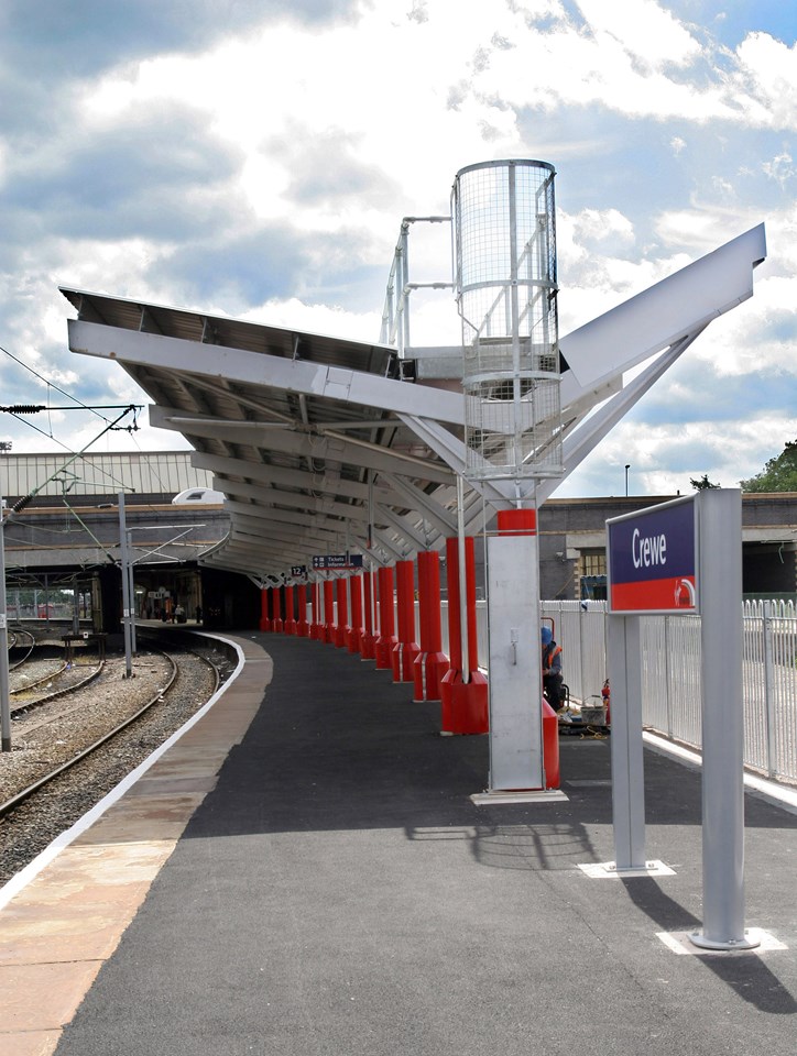 New roof for Crewe: New station canopy at the north end of platform 12 at Crewe Station.