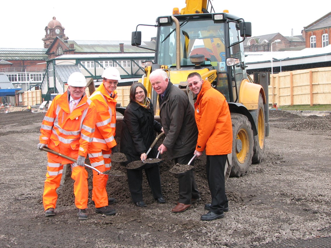 Nottingham car park - work begins 4.3.2011: Left to right Gary Thomasson, VINCI Construction UK Limited; Martin Frobisher, route director at Network Rail; Councillor Jane Urquhart portfolio holder for transport and area working at Nottingham City Council; John Watson chair of the Hub project board; and Paul Hanley station managet at Nottingham for East Midlands Trains
