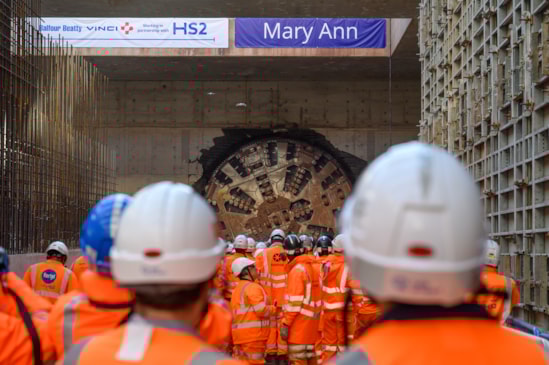 HS2 tunnelling team watches as Tunnel Boring Machine Mary Ann completes first tunnel breakthrough in Birmingham: HS2 tunnelling team watches as Tunnel Boring Machine Mary Ann completes first tunnel breakthrough in Birmingham