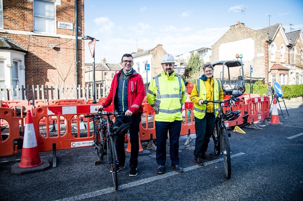 Cllr Champion (pictured right), alongside TfL Walking and Cycling Commissioner Will Norman (left) and Vince Gannon (centre) from CVU as work starts on the Cycleway