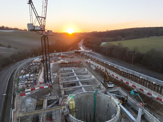 HS2 tunnel progress as ‘Florence’ and ‘Cecilia’ pass Amersham: HS2 Amersham vent shaft construction sunset January 2023 3554