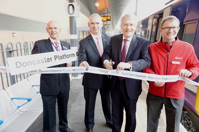 Mark Nixon (Northern), Rob McIntosh (Network Rail), Andrew Jones MP and David Horne (Virgin Train East Coast) at the opening of platform zero