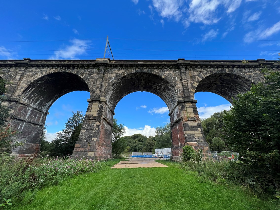 Looking up at Sankey Viaduct from the valley