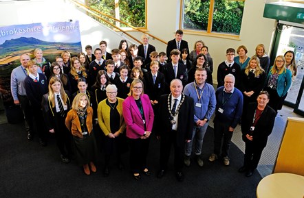 Large group of secondary school pupils with teachers and councillors for Democracy Matters event