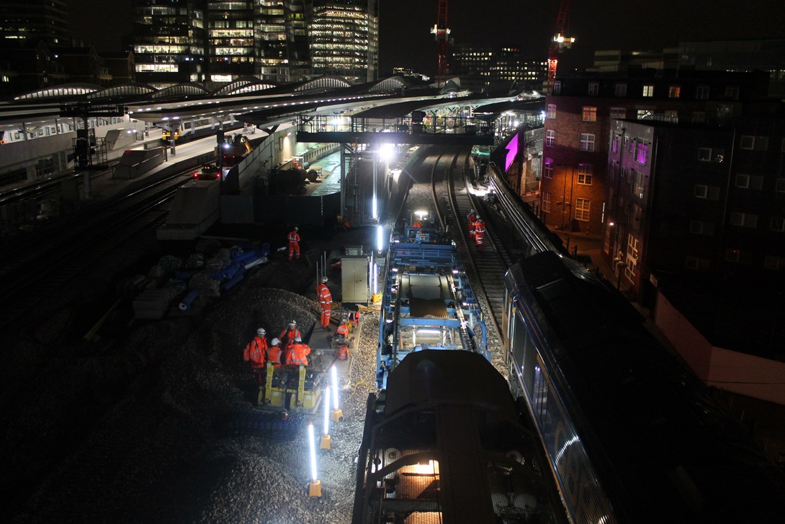 NTC at London Bridge: The New Track Construction (NTC) machine laying the new tracks through lines 1 and 2 at London Bridge, ahead of commissioning over the Easter weekend.