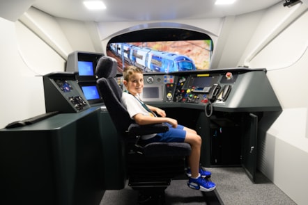 Joshua Emmett, 11, takes a seat in Pendolino simulator as part of train driver experience with Avanti West Coast