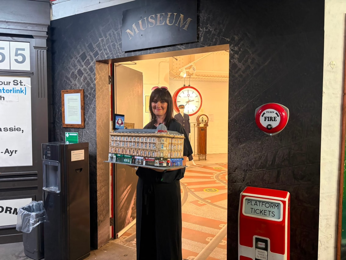 Artist Karen Bones with Union Street model at Central Station Museum