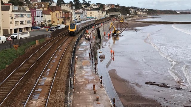 Significant step towards more resilient railway as new Dawlish sea wall takes shape despite challenging conditions caused by Storm Ciara: The new sea wall will help protect the only railway line into Devon and Cornwall