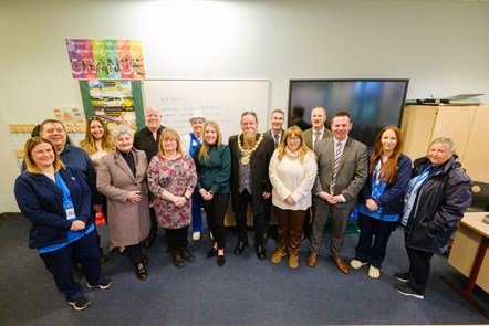 HT Scott Robertson and Miss Bonnar with Cllr Cowan, Provost Todd and Cllrs Barton, Adams, Jones and Reid, meeting with Financial Inclusion Officer, Julie McCall, the Catering Services team and NHS school nurse team