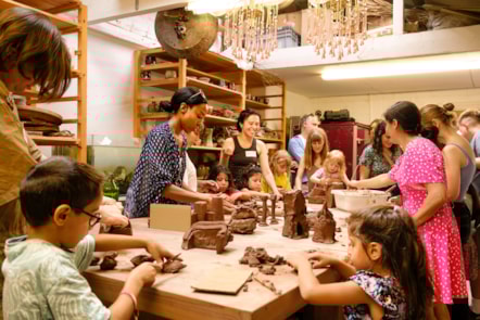 A clay workshop hosted by Troy Town Art Pottery as part of the August 2023 Hoxton Street Summer fair,  made possible thanks to the Art Fund. Photo by Akil Wilson.