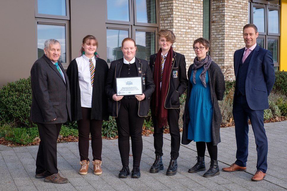 Charles Sim with Ruth, Jamie and Kirsten, Mrs Saunders and Headteacher David Rose