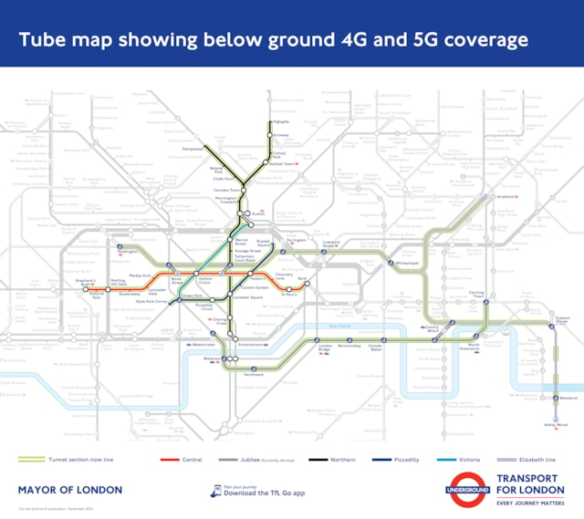 TfL Graphic - Tube map showing below ground 4G and 5G coverage - December 2024