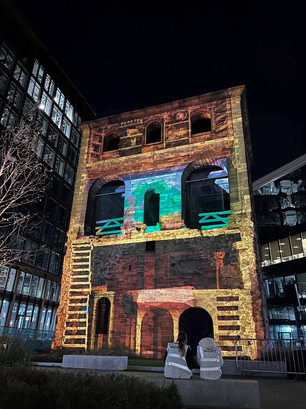 Light Night 2022: Zauberin des Mondes (Sorceress of the Moon) on the lifting tower at Wellington Place, one of 50 stunning illuminated installations which transformed Leeds city centre during one of the country's biggest annual arts events.